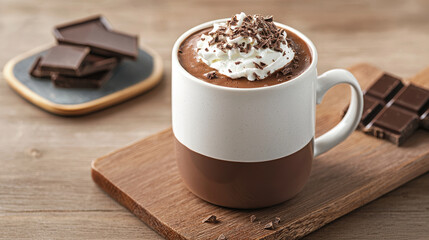 gourmet hot chocolate topped with whipped cream and chocolate shavings, served in stylish mug