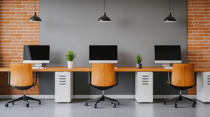 workspace design ergonomic furniture sustainability. Modern office workspace featuring sleek computers and stylish chairs, perfect for productivity and collaboration.