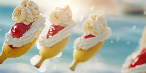 Floating banana splits on a blurred summer beach background