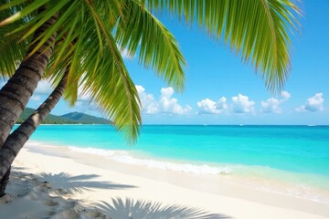 Palm-fringed sandy beach, turquoise ocean waves, indian ocean, palm trees