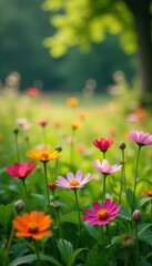 Vibrant wildflowers in lush meadow, sunlight dappled , vibrant, landscape