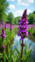 Purple loosestrife infesting wetland, impacting native plants, marsh, environmental, bog