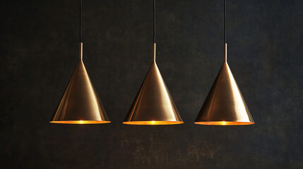 Brass hanging lights on dark background. 