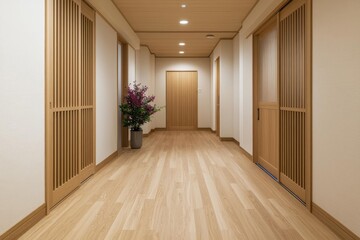 Obraz premium workspace design lighting optimization productivity. A serene and modern hallway featuring wooden accents, soft lighting, and decorative plants, perfect for interior design inspiration.