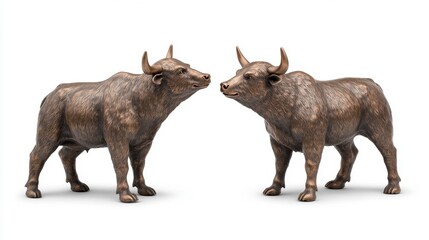 Naklejka premium Bronze Bull Statues Facing Each Other Against White Background