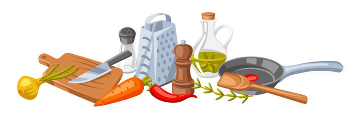 Background with kitchen utensils. Cooking tools for home and recipe items. © incomible