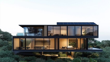 Fototapeta premium Modern house featuring solar panels harmoniously integrated into a lush natural setting