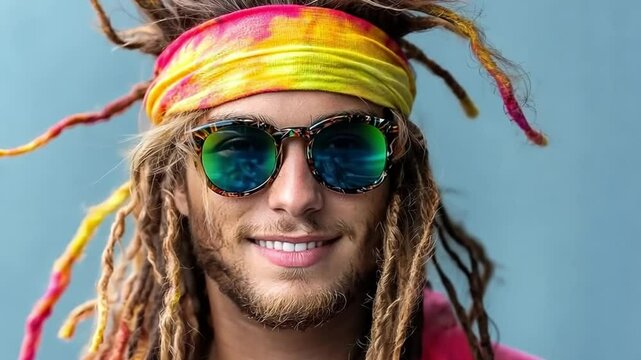 Rasta Vibes Portrait: A young man with vibrant dreadlocks and colorful accessories smiles warmly at the viewer, radiating an aura of carefree joy. He is captured in a close-up shot