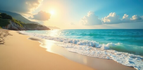 Obraz premium Vibrant seascape, sun-kissed sand, ocean waves, beach, color, sand