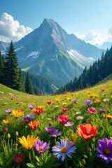 Fototapeta premium Vibrant wildflowers carpet alpine meadow, sunlit peaks , wild, nature