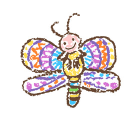 Tropical crazy fantastic doodle funny smiling butterfly. Crayon like kid`s hand drawn bright colorful jungle flying happy character. Vector pastel chalk or pencil childlike simple cartoon naive art