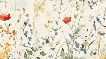 Watercolor Wildflower Meadow: A serene landscape of diverse wildflowers in a painterly style.