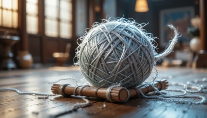 A ball of light gray yarn rests on a rustic wooden surface near a sunlit window