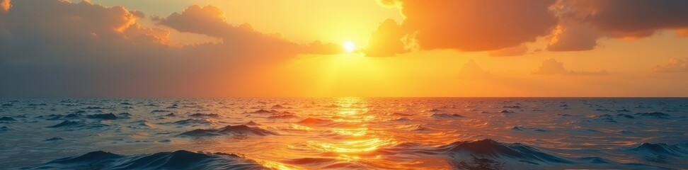 Obraz premium Golden hues paint the sky, reflecting on calm ocean waves, calm, reflection, color