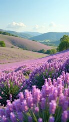 Fototapeta premium Pastel-colored spring flowers dotting the rolling hills of a lavender field, landscape, fields, floral