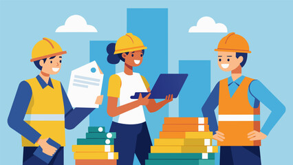 With hard hats on they cautiously navigate around piles of building materials discussing final design elements and finishes.. Vector illustration