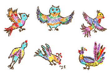Tropical crazy fantastic doodle birds set. Crayon like kid`s hand drawn colorful bright funny jungle flying monsters character. Vector pastel chalk or pencil childlike cartoon owl, lark art