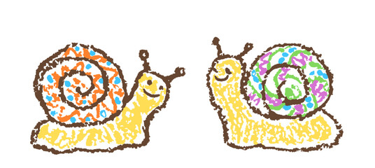 Two crazy smiling friendly snails. Crayon like kid`s hand drawn bright colorful jungle happy cartoon doodle cute character. Vector pastel chalk or pencil childlike simple naive art