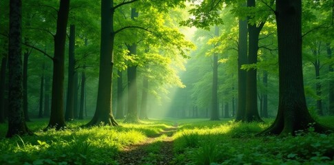 Obraz premium Peaceful forest with tall trees and gentle foliage, green, quiet, leaf