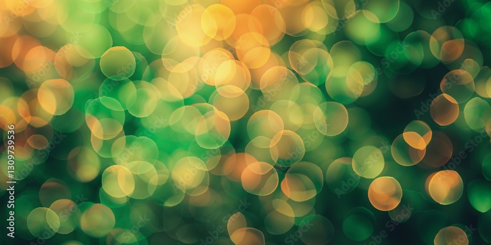 Poster soft bokeh lights create an enchanting atmosphere in a natural green setting during twilight hours