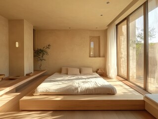 A minimalist bedroom featuring a low bed and large window