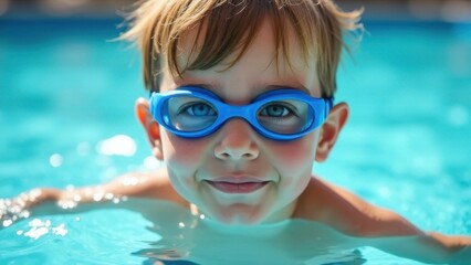 Naklejka premium Portrait of a cute child wearing glasses in the swimming pool, playing sports in the pool, summer fun