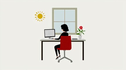 Woman Working at Desk with Red Chair and Flower in Minimalist Setting