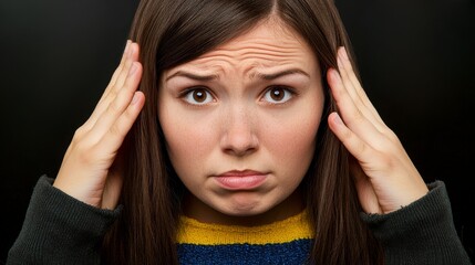 Fototapeta premium Stressed Young Woman Holding Head Close Up Portrait
