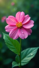 Single pink flower, raindrop, lush garden backdrop, tranquility, cover, background