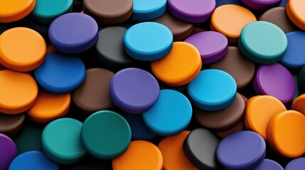 Colorful game tokens are scattered randomly, showcasing a rich variety of hues, This image is ideal for board game marketing, educational materials