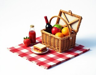 Picnic Basket with Wine, Juice, Fruits, and Sandwich - Summer Outdoors Concept