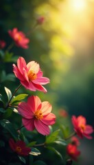 Soft lamplight on blooming flowers, lush foliage , lights, ambient, outdoor