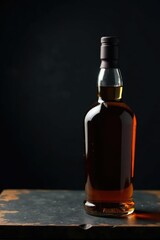 Dark whisky bottle on a black slate background, whisky, wood, night