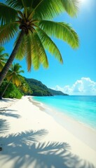 Sun-drenched white sand beach, turquoise ocean, lush palms , beautiful, vibrant