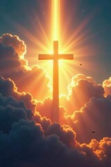 Shining cross illuminated by rays of light filtering through thin clouds, divine, cross, ray