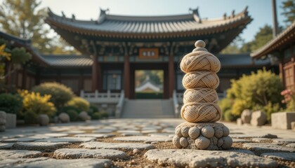 Serene Beige Yarn Stack at Peaceful Asian Temple Courtyard