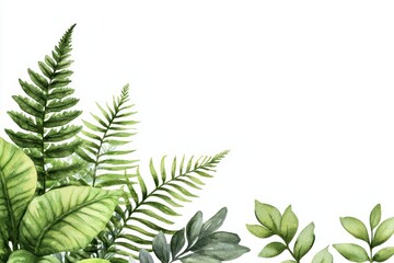 Fototapeta premium Vibrant Watercolor Painting of Various Green Leafy Plants with Delicate Details
