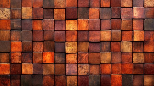 A vibrant pattern of wooden blocks features various shades of brown, creating a textured mosaic, This image is ideal for design projects, home decor concepts