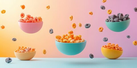 Floating bowls of colorful cereal, fun and dynamic on a dreamy pastel background