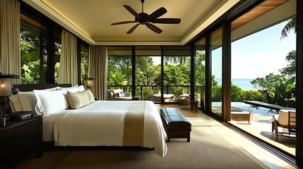 Luxurious bedroom with ocean view and private pool.