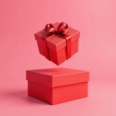 Fototapeta premium Red gift box floats above empty box, pink background, celebration, floating box