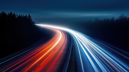 A surreal long-exposure shot of a single car driving on a lonely highway at night, surrounded by endless motion trails.