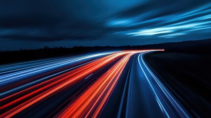A surreal long-exposure shot of a single car driving on a lonely highway at night, surrounded by endless motion trails.