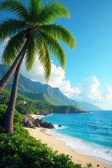 Fototapeta premium Majestic palms sway gently in a Hawaiian breeze, overlooking the calm ocean , sand, holiday