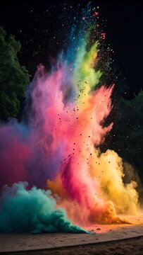 Vibrant Colored Powder Explosion: Stunning Outdoor Photo of Rainbow Dust Against Dark Background with Visible Particles and Natural Elements..