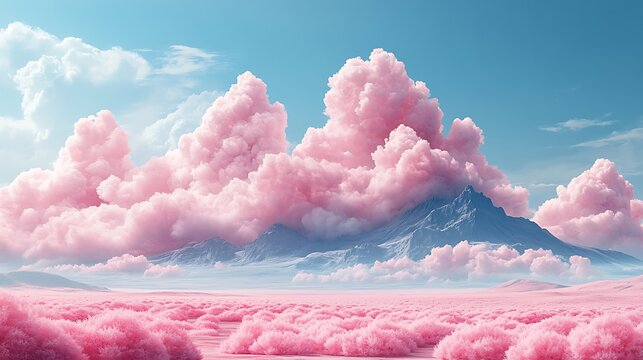 A dreamy expanse of pink bubble-like clouds rolling across the ground with a smooth mountain in the background beneath a clear sky