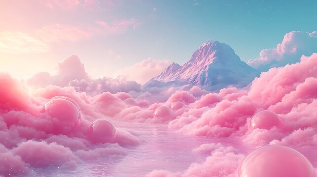 A dreamy expanse of pink bubble-like clouds rolling across the ground with a smooth mountain in the background beneath a clear sky