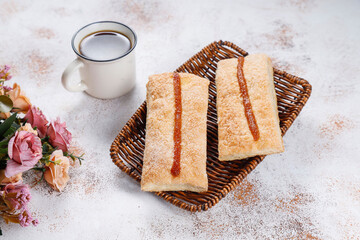 Homemade nut shaped russian soviet cookies and wafer rolls with pastry cream.