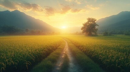 Fototapeta premium Golden path through rice fields at sunrise