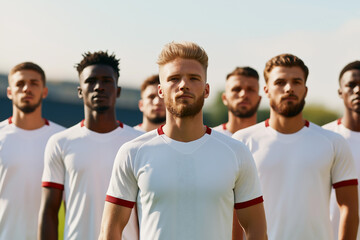 Soccer team poses together on the field for a pre-game photo during a sunny afternoon training session